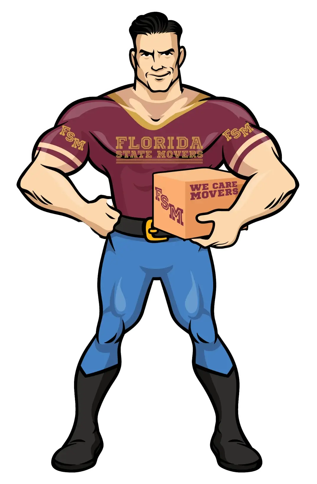 Florida State Movers cartoon mascot, college moving services in Florida, holding a box, FSM logo