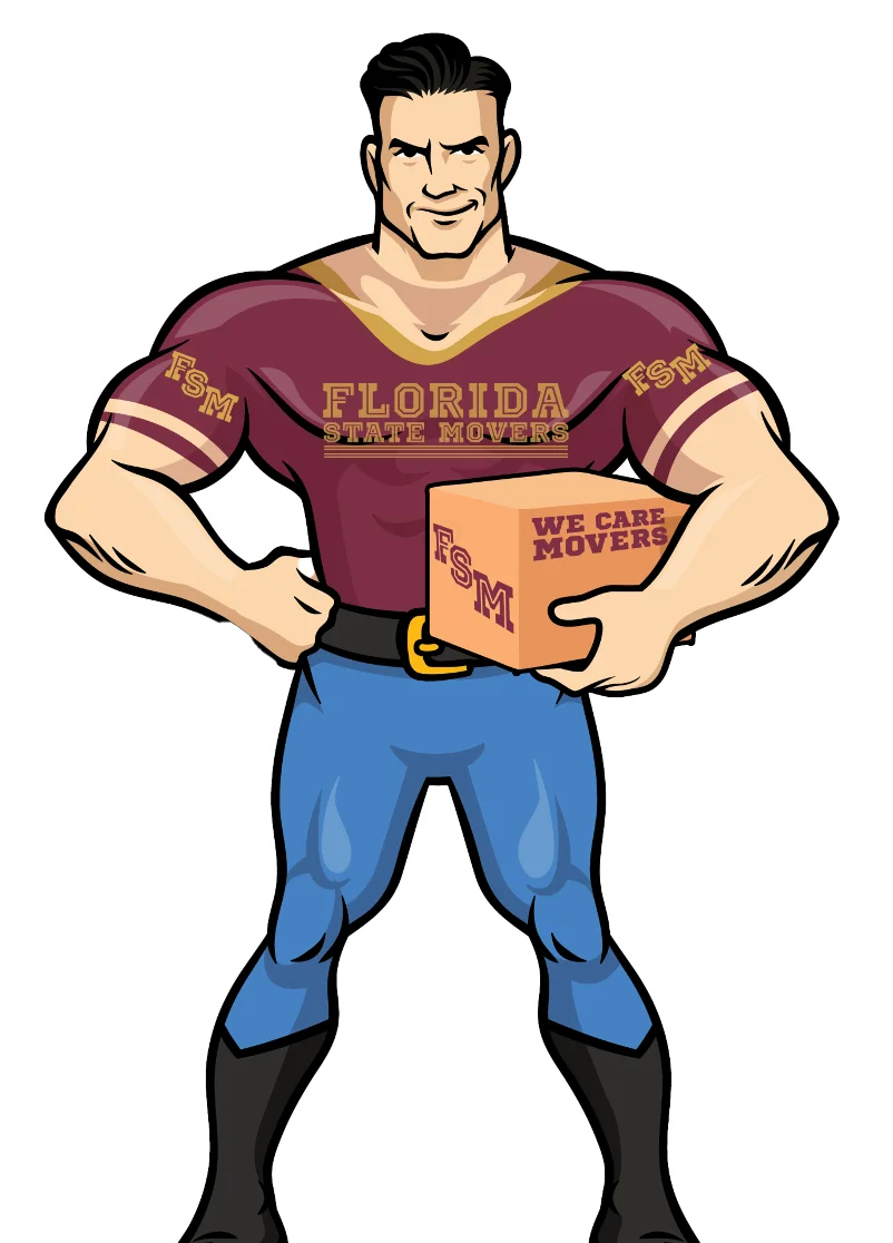 Florida State Movers mascot, a strong cartoon figure holding a box. FSM moving services for a smooth home transition.